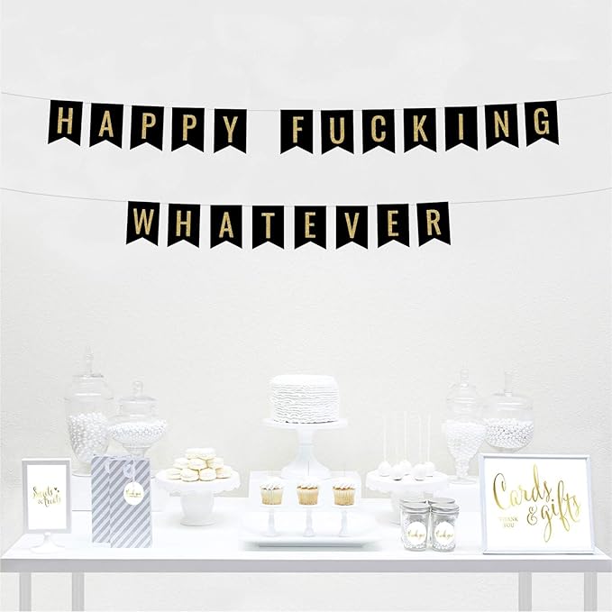 Andaz Press Faux Gold Glitter on Black Birthday Party Banner Decorations, Happy Fucking Whatever, Approx 5-Feet, 1-Set, Birthday Milestone Colored Hanging Pennant Decor