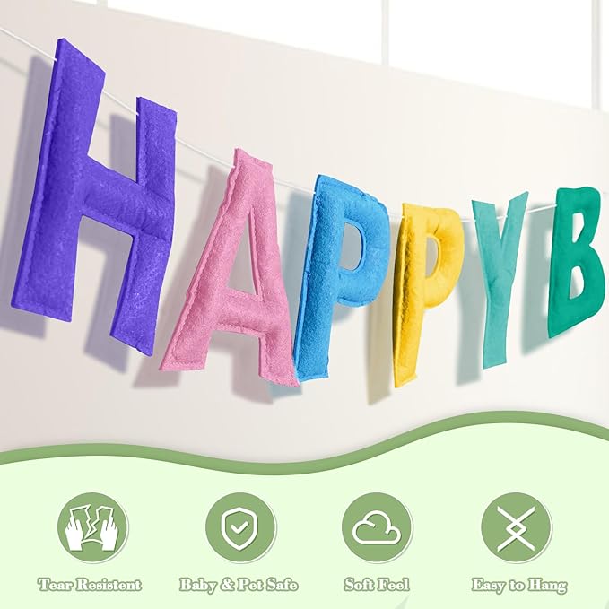 4PCS Pre-Strung Happy Birthday Banner - Felt Happy Birthday Garland, Ball Garland, Felt Pennant Flag, Pastel Thread Tassel Reuasble Party Decorations for Girls Women Kids