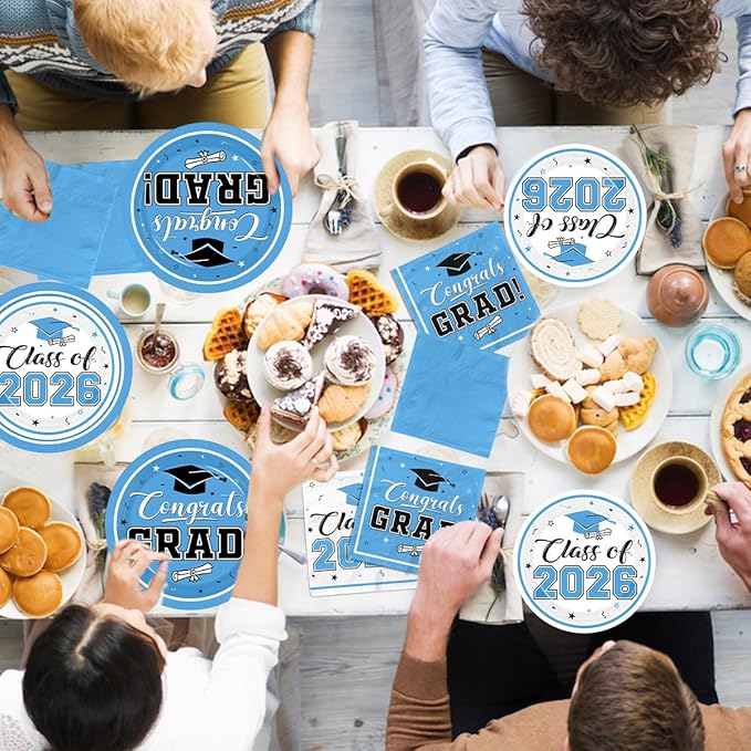 Light Blue Graduation Plates and Napkins Class of 2026 Grad Congrats Party Supplies Disposable Dessert Paper Plates Cocktail Napkins for Sky Blue Graduation Party Decorations,Serve 50