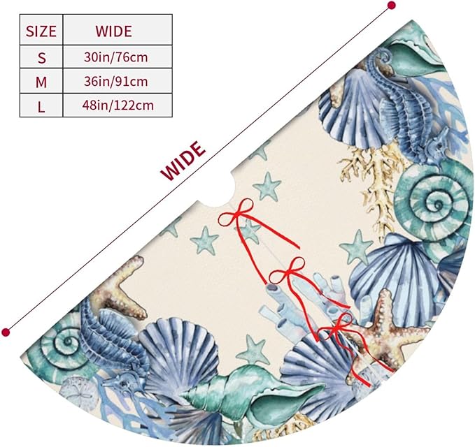 Summers Shell Coastal Wreath Beach Starfish Sea Theme Seahorses Christmas Tree Skirt Xmas Tree Mat Halloween Christmas Tree Ornaments Decorations Holiday Party Indoor Outdoor 30"