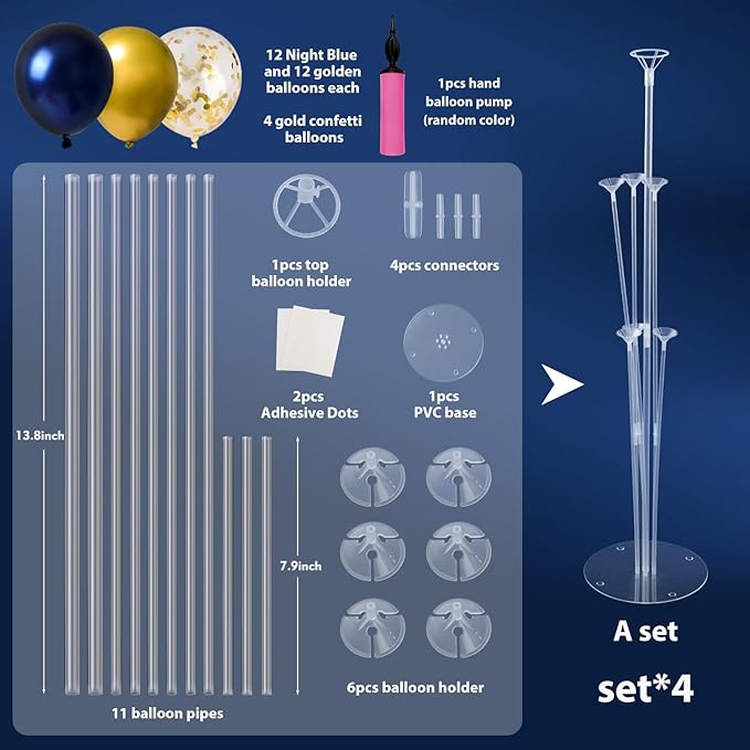 4 Sets Balloon Stand Kit, Balloon Sticks Holder with Navy and Gold Balloons for Table Centerpiece Graduation Birthday Father's Day New Year Party Decorations(Navy and Gold)