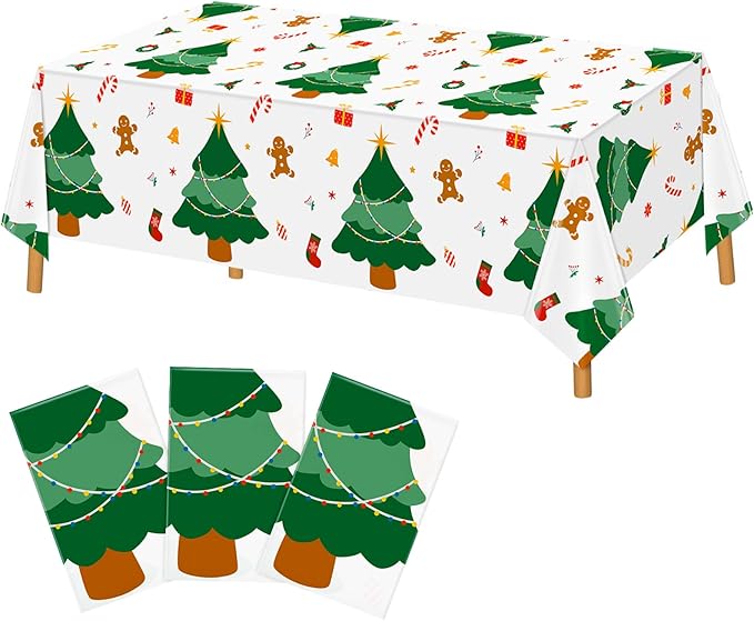 Hxezoc 3 Pack Disposable Plastic Christmas Tree Tablecloth, 54 x 108 Inches Christmas Party Table Cover for Xmas Winter Holiday New Year Home Dinner Decorations