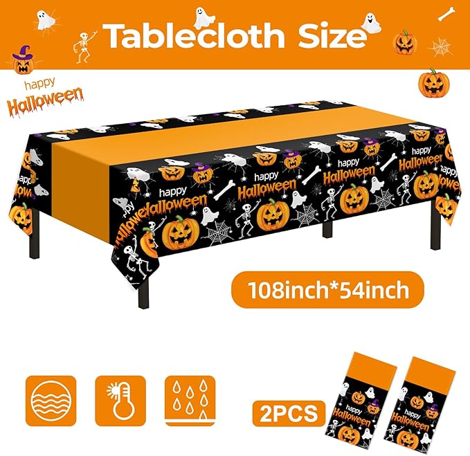 Childom 2 Pack Halloween Tablecloth,Halloween Decorations 54x108 Inch Disposable Plastic Table Cover for Rectangle,Pumpkin Spider Web Ghost Table Cloth for Home Indoor Outdoor Birthday Party Supplies