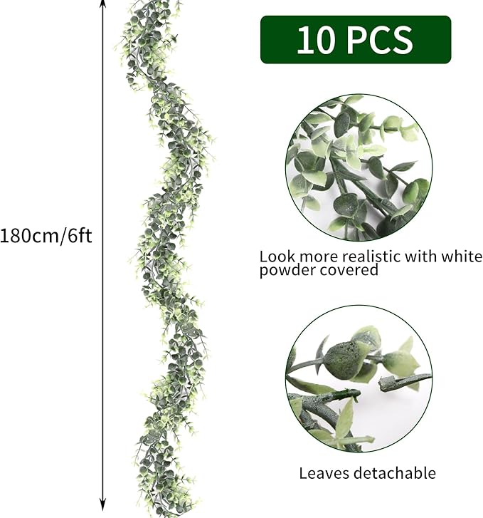 Whonline 10 Packs Eucalyptus Garlands 57ft Artificial Greenery Garland, Fake Hanging Vines for Wedding Backdrop Arch Table Wall Party Home Decor