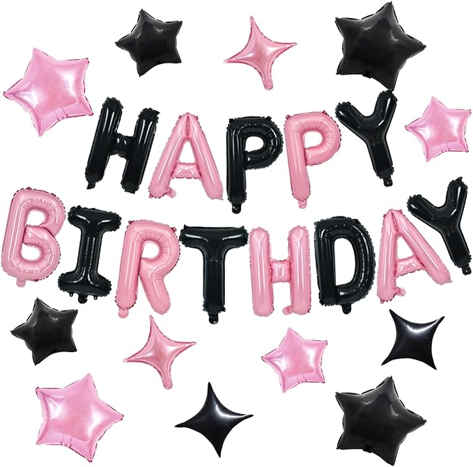 TONIFUL 35PCS Black Pink Happy Birthday Decorations Kit 16 Inch Happy Birthday Balloon Banner with Star Balloons Mylar Foil Birthday Party Decorations Supplies for Men Women Adults Girls Boys Kids