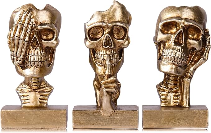 See Hear Speak No Evil Skeleton Figurines Set,Gothic Evil Skull Trio Statue,Vintage Skeletons for Halloween Decorations Indoor,Living Room Fireplace Floating Shelf Coffee Table Centerpiece Decor