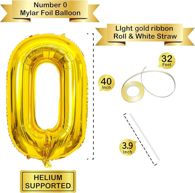 Gold Number Balloons Birthday Balloons - Giant Gold Number 0 Balloon 40 inch, Numbers Balloon Birthday Decorations, Gold Party Supplies for Women Men