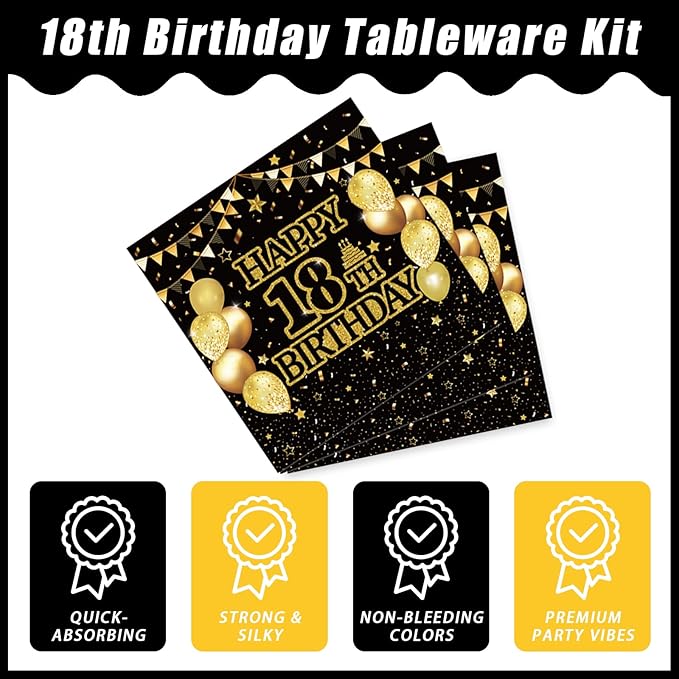 96Pcs 18th Birthday Party Tableware Set, Black Gold Time To Adult Birthday Party Decorations Supplies for Boys Girls Cheers to 18 Years Disposable Paper Plates Napkins Forks Favors, Serve 24