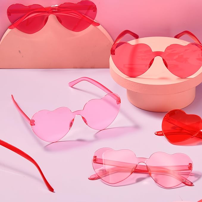 JOYIN 6 Pcs Valentine's Day Heart Shape Glasses, Rimless Sunglasses, Stylish and Safe Eyewear in Red and pink, Party Favor, Rainbow Sunglasses Candy Color Rimless Glasses for Women and Girl