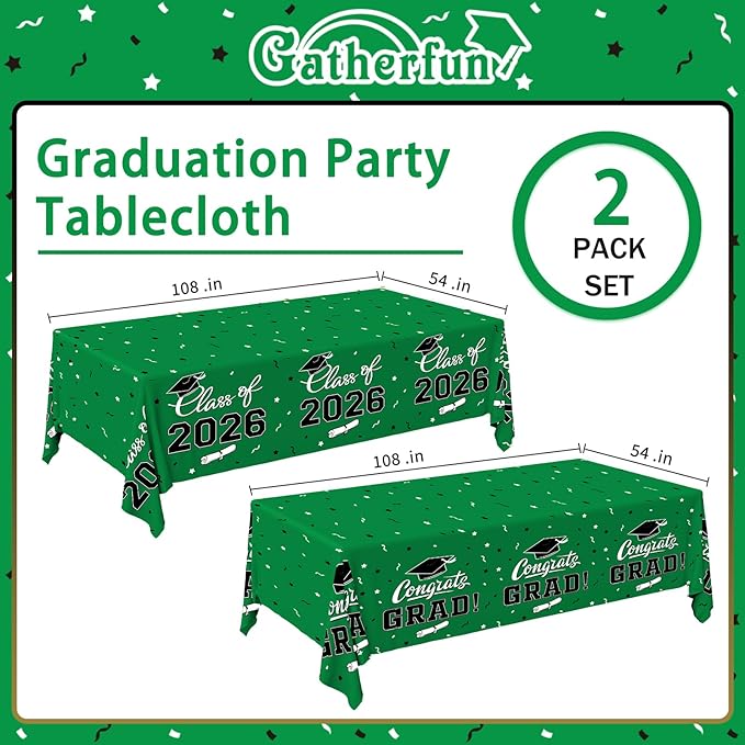 Gatherfun 2026 Graduation Decorations : 2-Pack Congrats Grad Disposable Tablecovers - Class of 2026 Green Themed Table Cloths, for Graduation Party Supplies & Graduation Backdrop, 54" X 108"