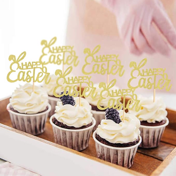Ercadio 36Pcs Glitter Golden Happy Easter Cupcake Toppers Rabbit Happy Easter Bunny Cupcake Picks for Easter Day Theme Baby Shower Easter Birthday Wedding Anniversary Party Cupcake Decorations