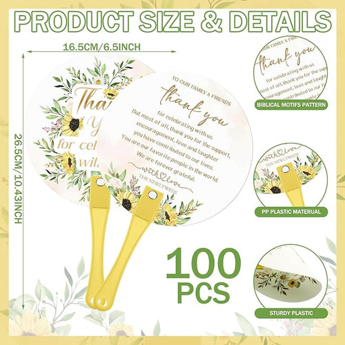 100 Pcs Wedding Hand Fans for Guests Bulk Decorative Plastic Handheld Wedding Favor Fans with Handle Thank You for Celebrating with Us for Ceremony Bridal Shower Party Decor(Sunflower)