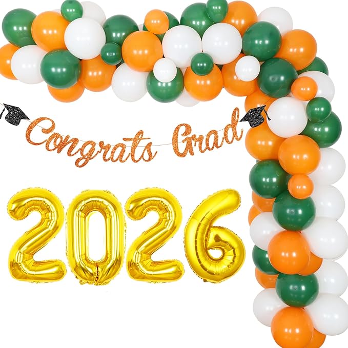 Kreatwow Graduation Decorations 2026 Orange and Green Balloon Garland Arch Kit Congrats Grad Banner Decorations Number 2026 Balloons for Class of 2026 High School College University Grad Party Decor