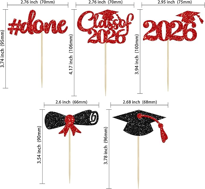 Gyufise 30Pcs 2026 Graduation Cupcake Toppers Red Glitter Class of 2026 Cake Toppers Graduation Done Cupcake Picks Grad Cap Diploma Cake Decorations for 2026 Theme Party Cake Decorations