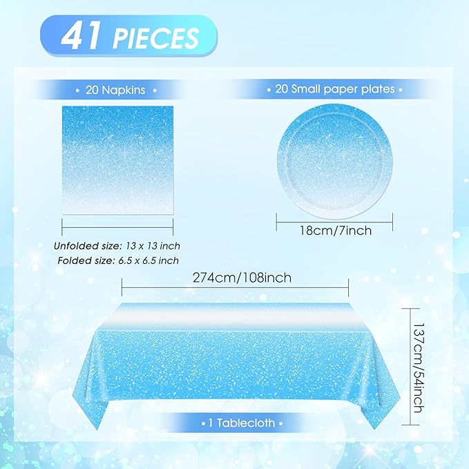 41Pcs Ombre Blue Party Supplies Disposable Tableware Set Gradient Light Blue Paper Plates Napkins Tablecloth丨Baby Shower Wedding Anniversary Man Birthday Party Decorations Supplies,Serve 20