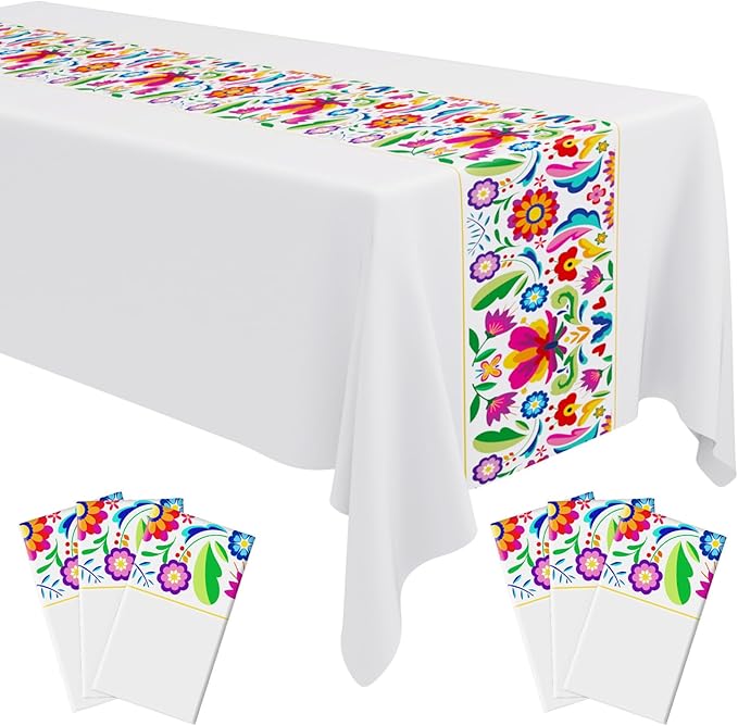 Oudain Fiesta Tablecloth 108 x 54 Inch Plastic Tablecover Mexican Waterproof Tablecloth Disposable Table Cover for Taco Night Festive Mexican Fiesta Wedding Party Decoration (White 2,6 Pcs)