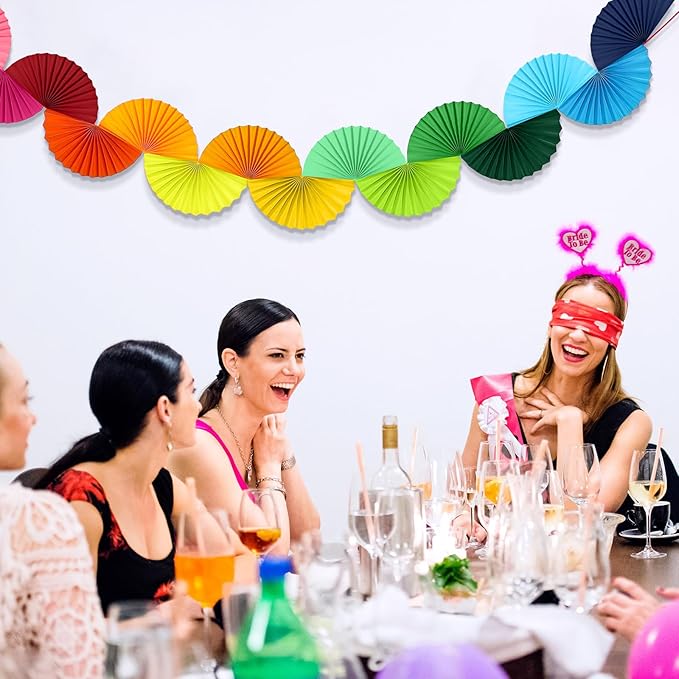 3 Pack Wedding Paper Fans Garland 15.6ft Colorful Background Ceiling Hanging Decorations Set for Birthday Party Supplies 3D Bachelorette Party Decorations (Rainbow)