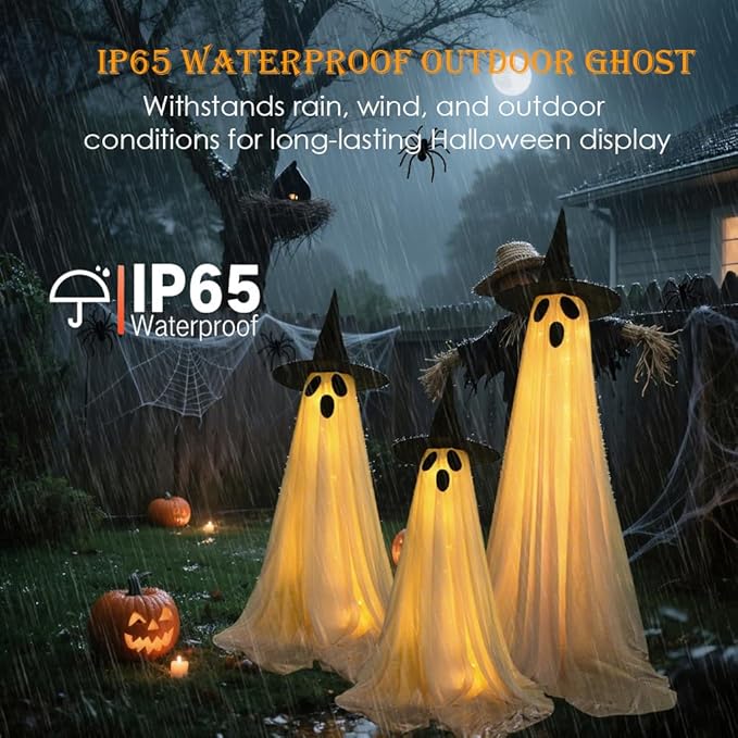 3 Pack Ghost Halloween Decorations Outdoor, Light Up Ghost Decorations with 8 Modes & Timer, Battery Operated Halloween Lights Ghost Decor Indoor Outdoor Room Front Yard, Porch, Haunted House Party