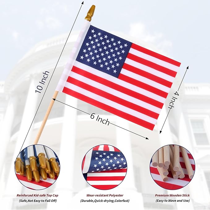 HOOSUN 12 Pcs Small American Flags On Stick,4th of July Decorations Small USA Flag On Stick,Mini 4''x6'' American Flags for Outside,Fourth of July Flag for Yard Lawn,Patriotic Memorial Day Decorations