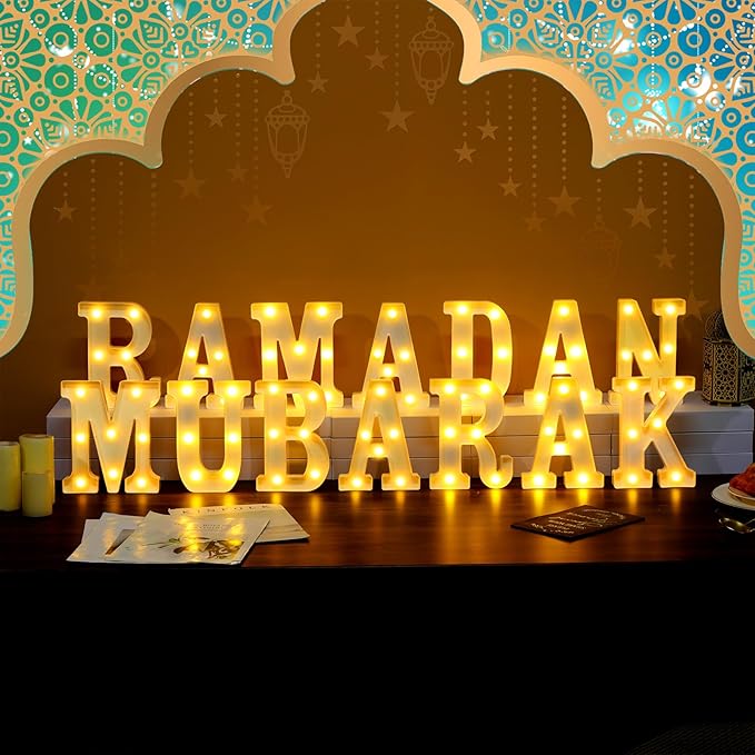 14 Pcs Ramadan Mubarak Large LED Letter Sign Powered Battery Light Hanging Decor for Party Decorations Indoor Outdoor