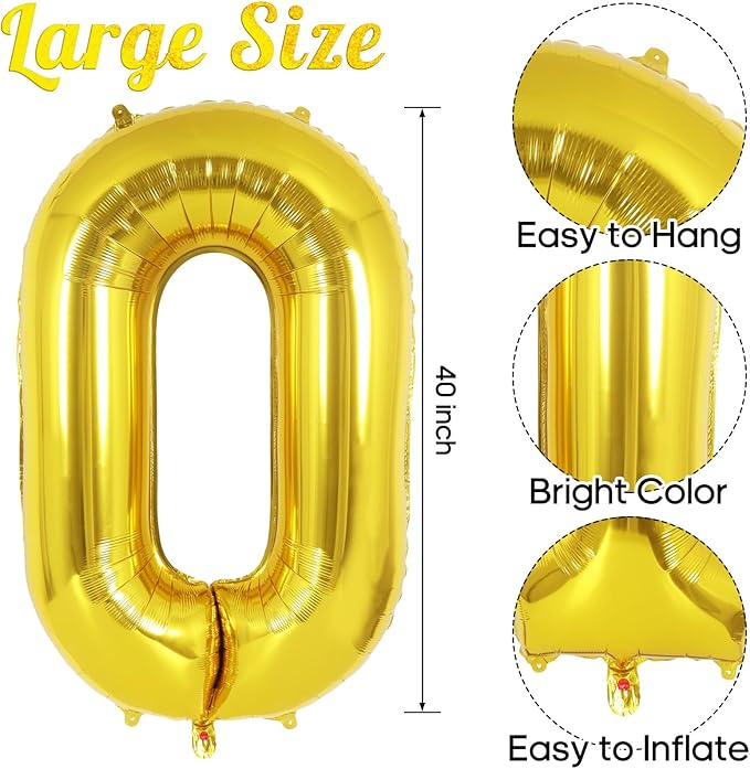 Gold Number 0 Balloon 40 Inch, Big Large Foil Helium Number Balloons, Jumbo Giant Mylar Number 0 Balloons for Birthday Party Decorations Supplies Anniversary Celebration