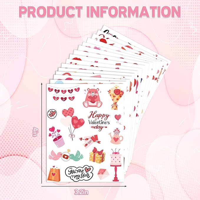 XZENTIRA 214 Pcs Valentines Themed Temporary Tattoos Valentine Decorations Party Favors Teddy Bear Envelope Valentine Party Supplies Accessories Gift Idea for Couple Stickers Décor Kids Teens Adult