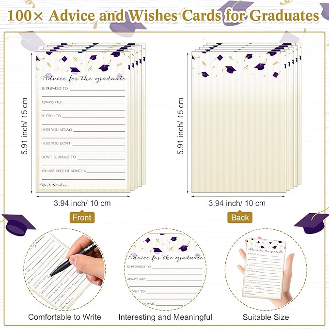 113 Pcs Class of 2026 Graduation Party Favors Include 1 Advice and Wishes Wooden Sign 100 Graduation Advice Cards with 12 Fineliner Ink Pens for The Graduate Class of 2026(Purple)