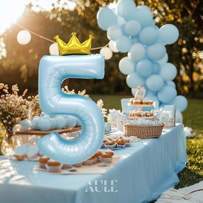 AULE 40 Inch Big Light Blue 5 Balloon Number with Crown Large Foil Helium Number Balloons 0-9 Jumbo Giant Happy 5th Birthday Party Decorations Huge Mylar Anniversary Party Supplies