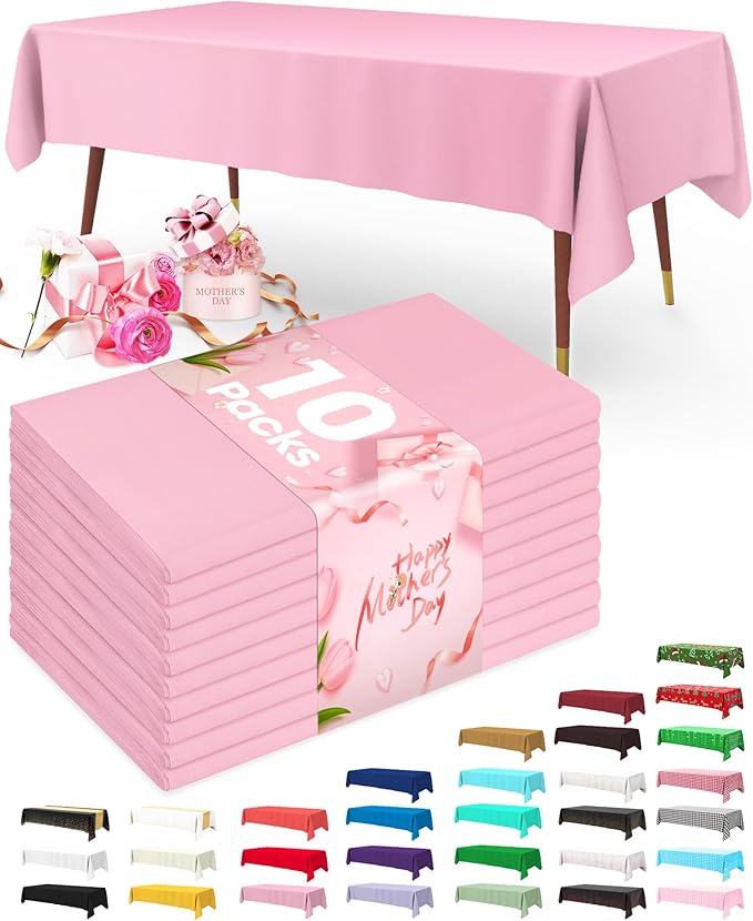 Pureegg Plastic Table Cloth Disposable 10 Pack, 54 x 108 Inch Table Cloths, Easter Party, Valentines, Mothers Day Decorations, Tablecloths, Rectangle, Pastel Plastic Cover, Leakproof & Sturdy, Pink