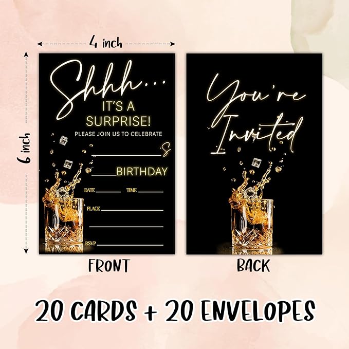 Shhh It's A Surprise Birthday Party Invitation Cards for Adults Women Men, Black Gold Birthday Celebration Party Invite Cards Supplies, 20 Double-Sided Fill In Invites With Envelopes -15
