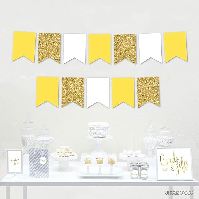 Andaz Press Hanging Pennant Banner with String, Yellow, White, Faux Gold Glitter, 1-Set, 24 Pennants, Approx. 12-Feet Long, Pineapple Party Theme Birthday Supplies