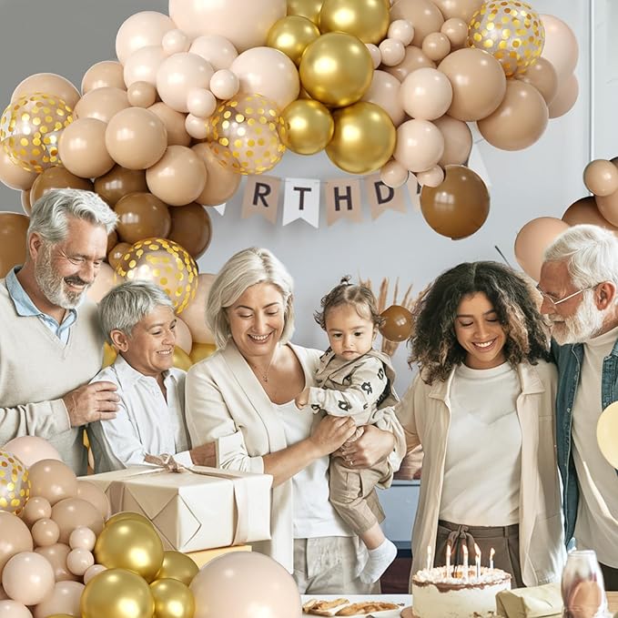 Brown Balloon Garland Arch Kit, Double Stuffed Brown Nude Cream White Balloon Metallic Gold Confetti Balloons for Neutral Gender Reveal Baby Shower Safari Birthday Party Decorations Supplies