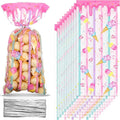 Geyee 100 Pieces Sweet Party Favors Ice Cream Treat Bags Plastic Candy Clear Cellophane Gift Bags with 100 Silver Twist Ties for Girls Kids Sweet Birthday Baby Shower Decorations Supplies