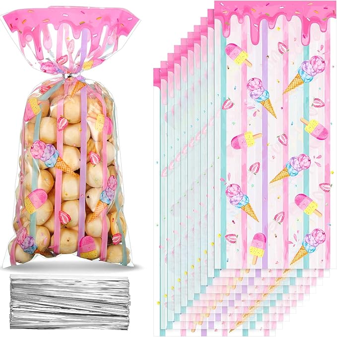 Geyee 100 Pieces Sweet Party Favors Ice Cream Treat Bags Plastic Candy Clear Cellophane Gift Bags with 100 Silver Twist Ties for Girls Kids Sweet Birthday Baby Shower Decorations Supplies