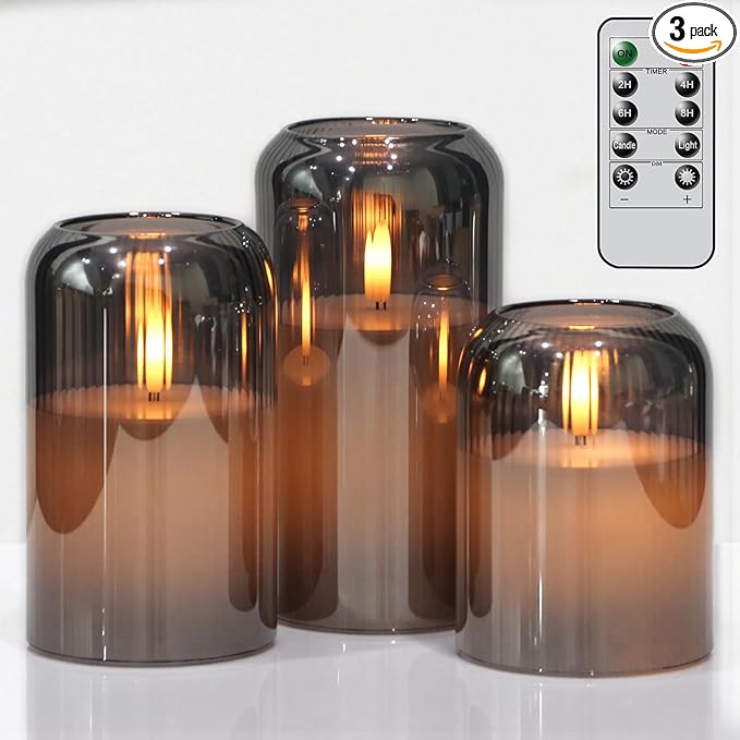 Black Glass Flameless Candles with Remote, Battery Operated Ribbed LED Pillar Candles Flickering Real Wax Candle, 3D Wick with Pumpkin Shape Set of 3 (Φ 3" H 4" 5" 6")