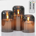 Black Glass Flameless Candles with Remote, Battery Operated Ribbed LED Pillar Candles Flickering Real Wax Candle, 3D Wick with Pumpkin Shape Set of 3 (Φ 3" H 4" 5" 6")