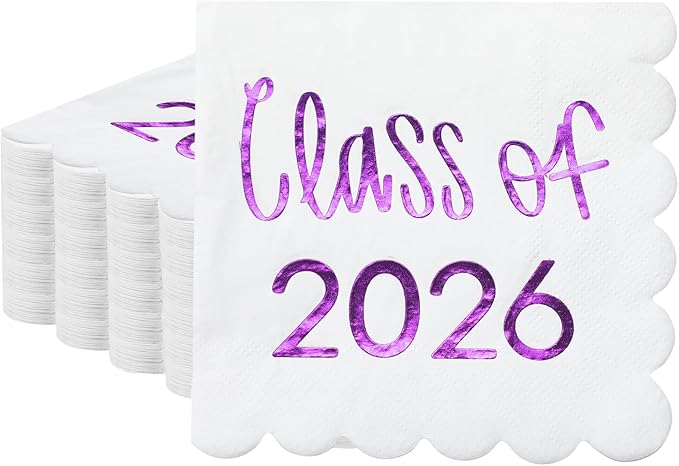 100 Pcs Class of 2026 Graduation Cocktail Napkins 5 x 5 Inch Congrats Grad Scalloped Paper Napkins for Dinner Beverage Graduate Decorations(Purple)