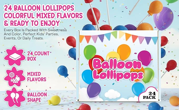 Balloon Lollipops Candy – 24 Individually Wrapped Balloon Shaped Suckers – Birthday Treats – Baby Shower Favors – Colorful Fruit Flavored Lollipops – Kids Party Favor Candy Bulk
