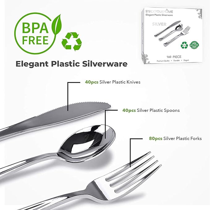 160 Pack Silver Plastic Cutlery Disposable Silverware - 80 Forks, 40 Knives, 40 Spoons - For Catering, Parties, Dinners, Weddings, and Everyday Use