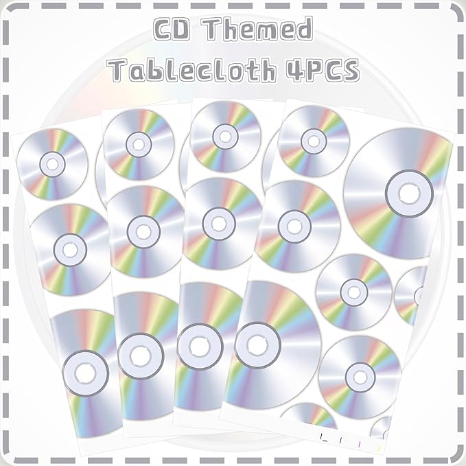 4 Pieces 90s Theme Party Tablecloth Decorations, Retro CD Music Table Cover, 1990's Supplies, Back to The 90's Party Tablecovers for Birthday, 51 x 86.5 Inch