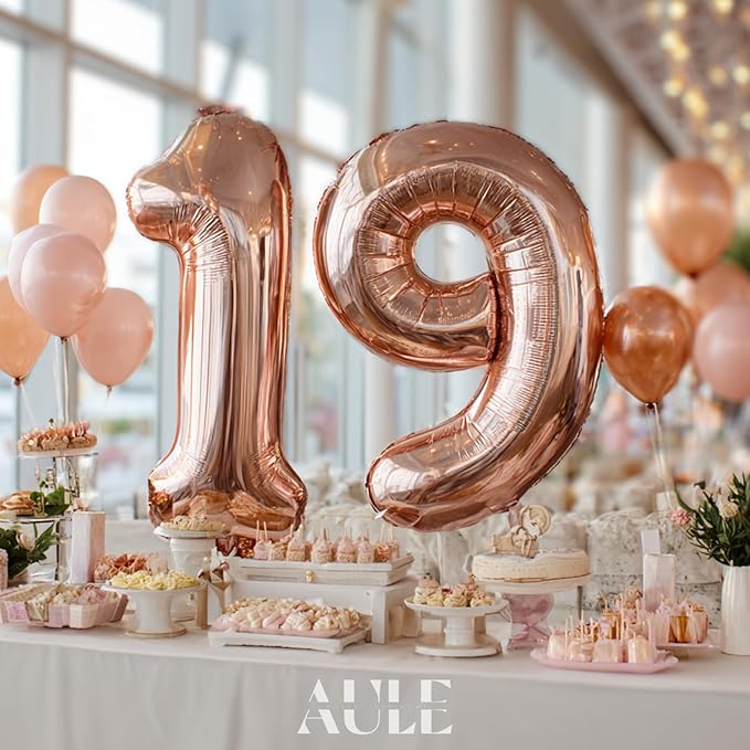 AULE 40 Inch Large 19 Number Balloons Rose Gold Big Foil Number Balloons Giant Helium Happy 19th Birthday Party Decorations for Girl Huge Mylar 91 Anniversary Supplies