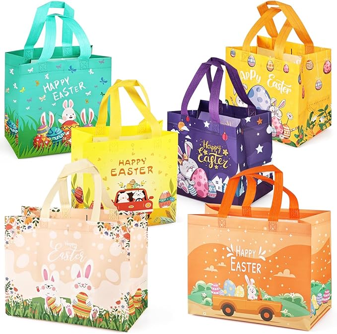 6PCS Happy Easter Egg Hunt Bags, Assorted Sizes Easter Bunny Carrot Chick Egg Gift Bags with Handles, Easter Treat Bags, Multifunctional Non-Woven Easter Bags for Gifts Wrapping, Egg Hunt Game, Easter