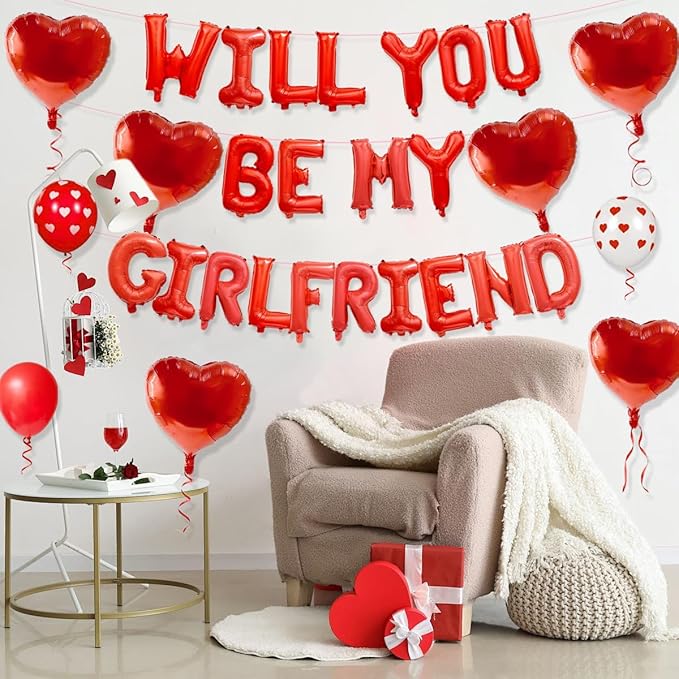 2 Set 16 Inch Will You Be My Girlfriend Balloons Banner, Red Proposal Letter Balloons with 10 Heart Shaped Balloon for Romantic Decorations, Engagements, Anniversaries, Valentines Day Decor