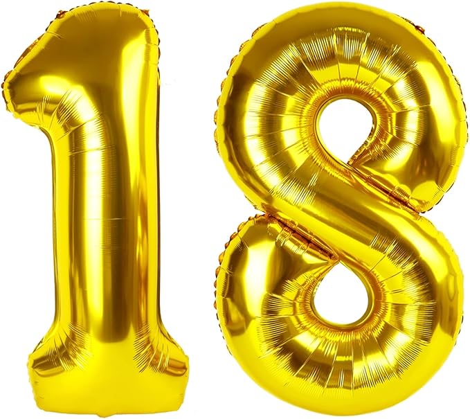 18 Gold Number Balloons, 40 Inch Balloons for Woman Man 18th Birthday Party Decoration, Foil Number Ballon for 18, 81 Anniversary, Bridal Shower, Graduation, Valentine's Day, Mother's Day, Easter