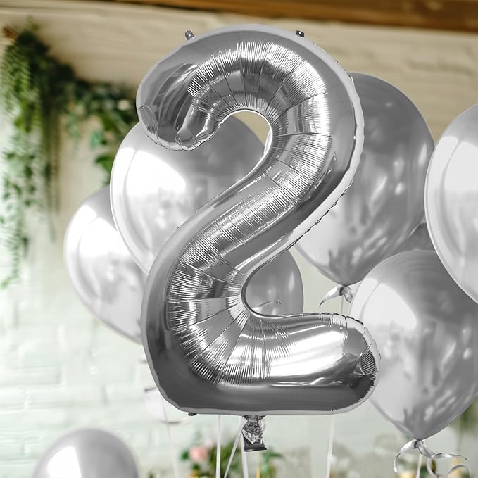 40 Inch Large Silver Number Celebration and Decoration Balloon for Birthday Parties, Graduations, Anniversaries, Weddings, Photo Shoots, Special Events - Helium Foil (Silver Number 2)
