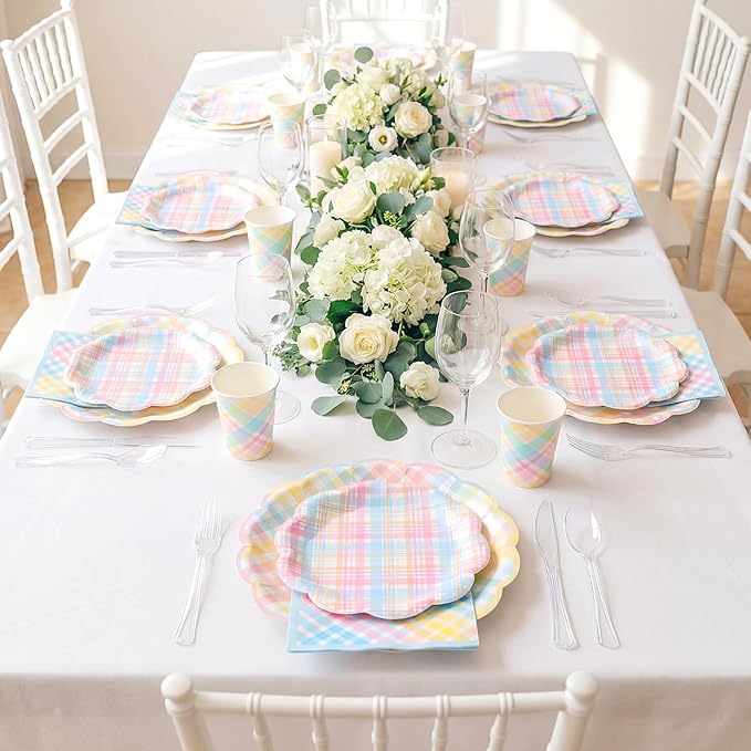 50 Sets Easter Spring Pastel Gingham Disposable Tableware Pastel Paper Plates Cups Napkins Clear Knives Forks Spoons for Birthday Baby Shower Wedding Party Decoration