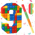 Number 9 Pinata Building Blocks 9th Birthday Party Decorations with Pinata Stick Blindfold for Kids Happy Birthday Building Block Theme Party Supplies for Boys Girls (16 x 10.6 x 3 In)