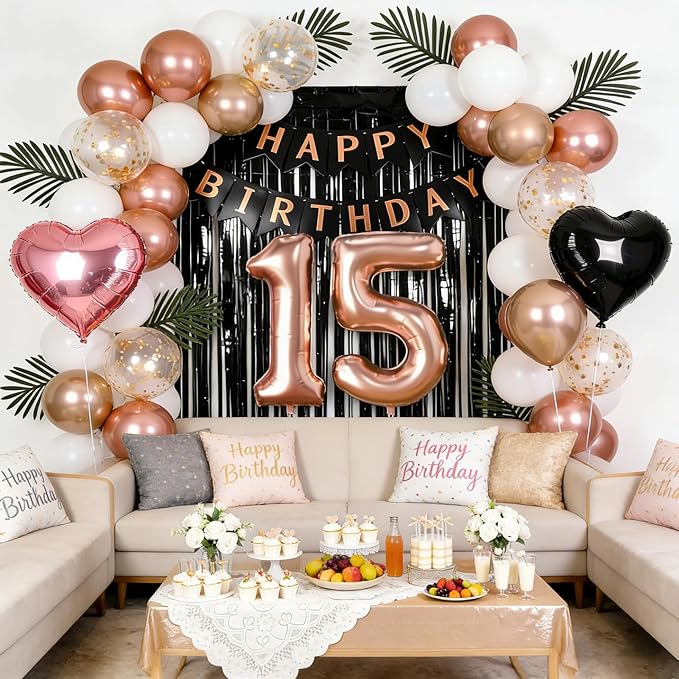 15th Birthday Decorations for Girls - Rose Gold, Black Hot Pink Quinceanera Party Supplies Set with Happy 15th Banner, Number 15 Balloons, Foil Fringe Curtains - 15 Year Old Mis Quince Celebration Kit