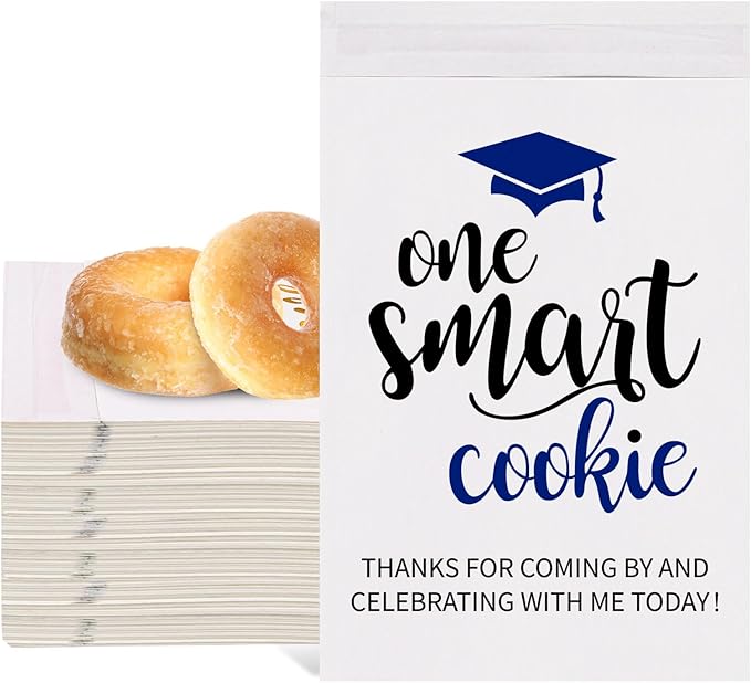 Whaline 100Pcs Graduation Cookie Treat Bags White-Blue One Smart Cookie Self Adhesive Buffet Paper Bags for Congrats Grad School Party Supplies, 5.1 x 7.1 Inch