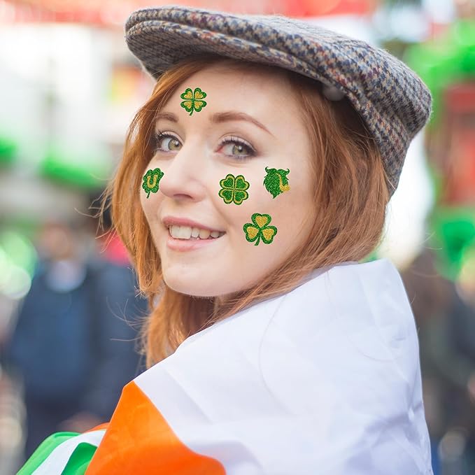 Glitter St Patricks Day Tattoos, 25 Styles Saint Patricks Day Green Gold Shamrock Tattoos with Lucky Clover, Temporary Face Stickers for St Patricks Day Accessories Party Favors